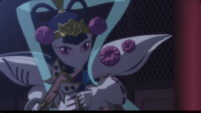 Qubeley mech with big eyes and flat face.