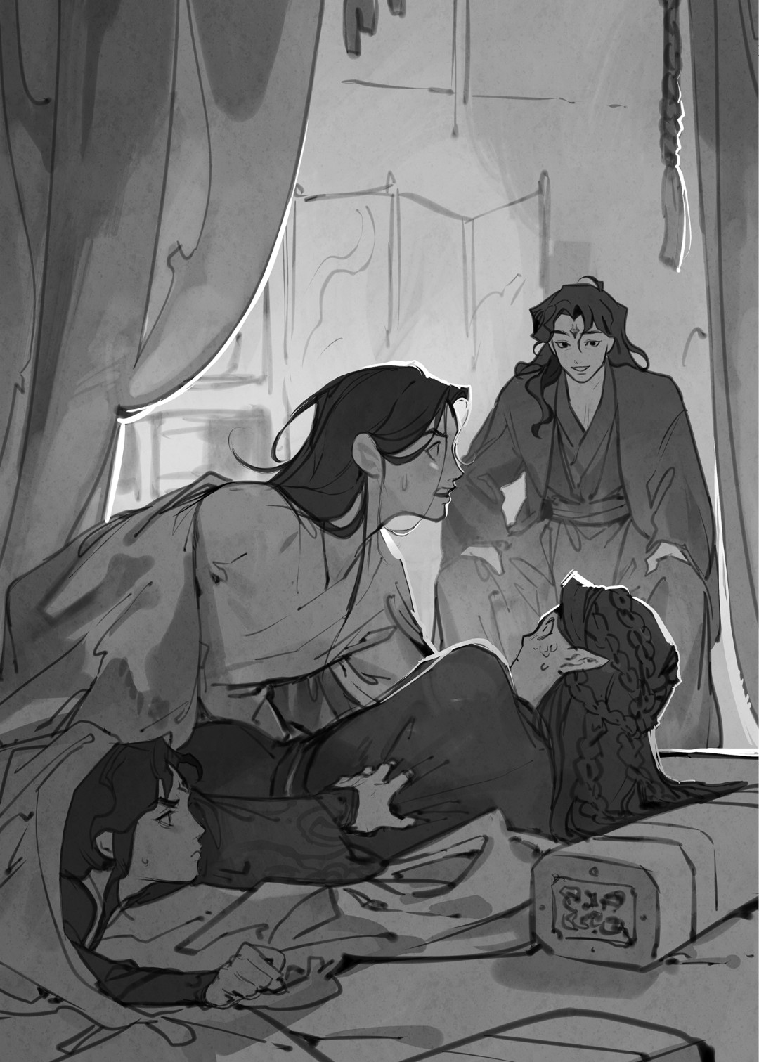 An illustration of Shen Qingqiu in a compromising position on top of Zhuzhi-lang while Tianlang-Jun watches, both of them hiding Luo Binghe from Tianlang-Jun's sight.