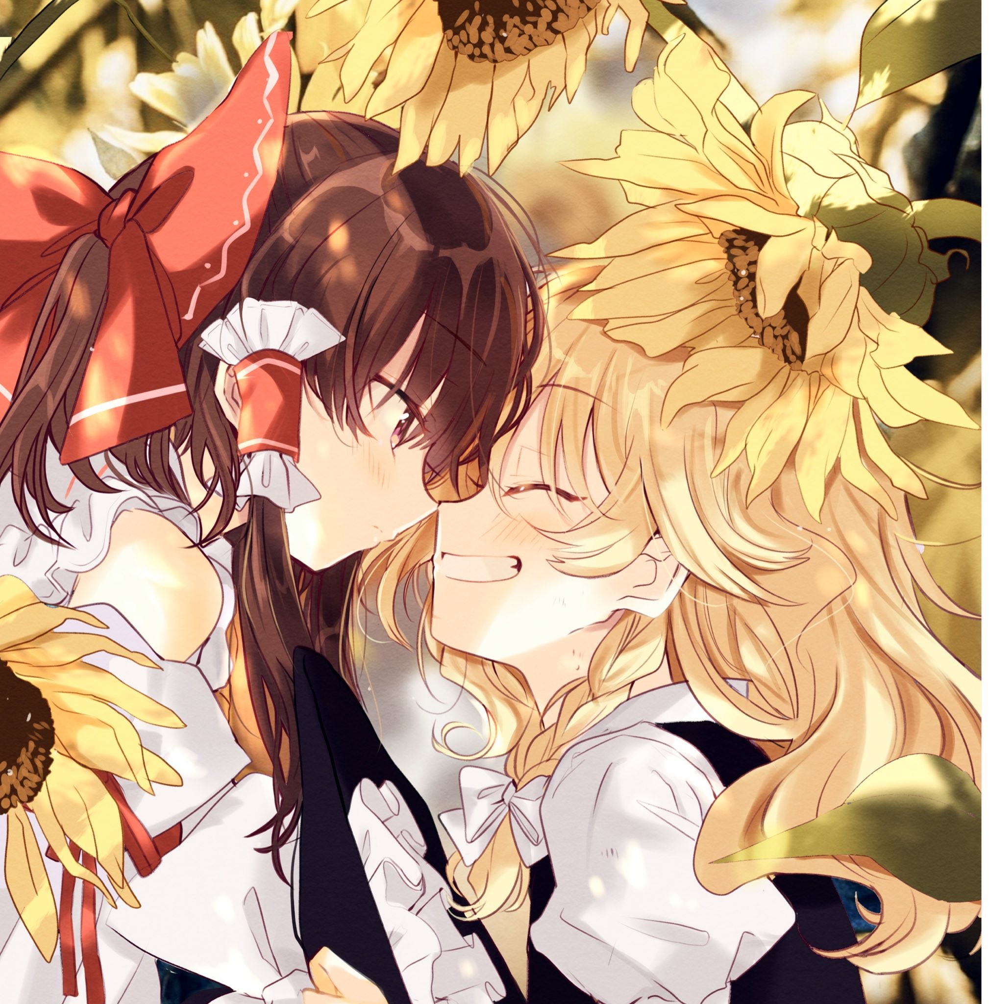 Danbooru tags: 2girls black_hat black_vest blonde_hair blush bow braid brown_hair clenched_teeth closed_mouth commentary detached_sleeves face-to-face facing_another flower frilled_hat frilled_shirt_collar frills from_side grin hair_between_eyes hair_bow hair_tubes hakurei_reimu half_updo happy hat hat_bow highres holding holding_unworn_clothes holding_unworn_hat kirisame_marisa leaning_forward long_hair looking_at_another lovestruck medium_hair multiple_girls noses_touching poprication profile puffy_short_sleeves puffy_sleeves red_bow red_eyes red_ribbon ribbon shirt short_sleeves side_braid sidelocks single_braid sleeve_garter sleeveless sleeveless_shirt smile sunflower symbol-only_commentary teeth touhou unworn_hat unworn_headwear vest white_bow white_shirt witch_hat yellow_flower yuri